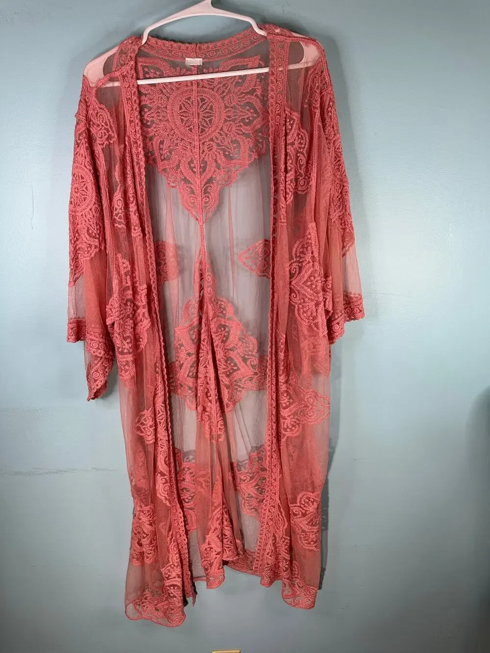 Time and Tru pink camellia sheer lace kimono layering top Boho beach or festival